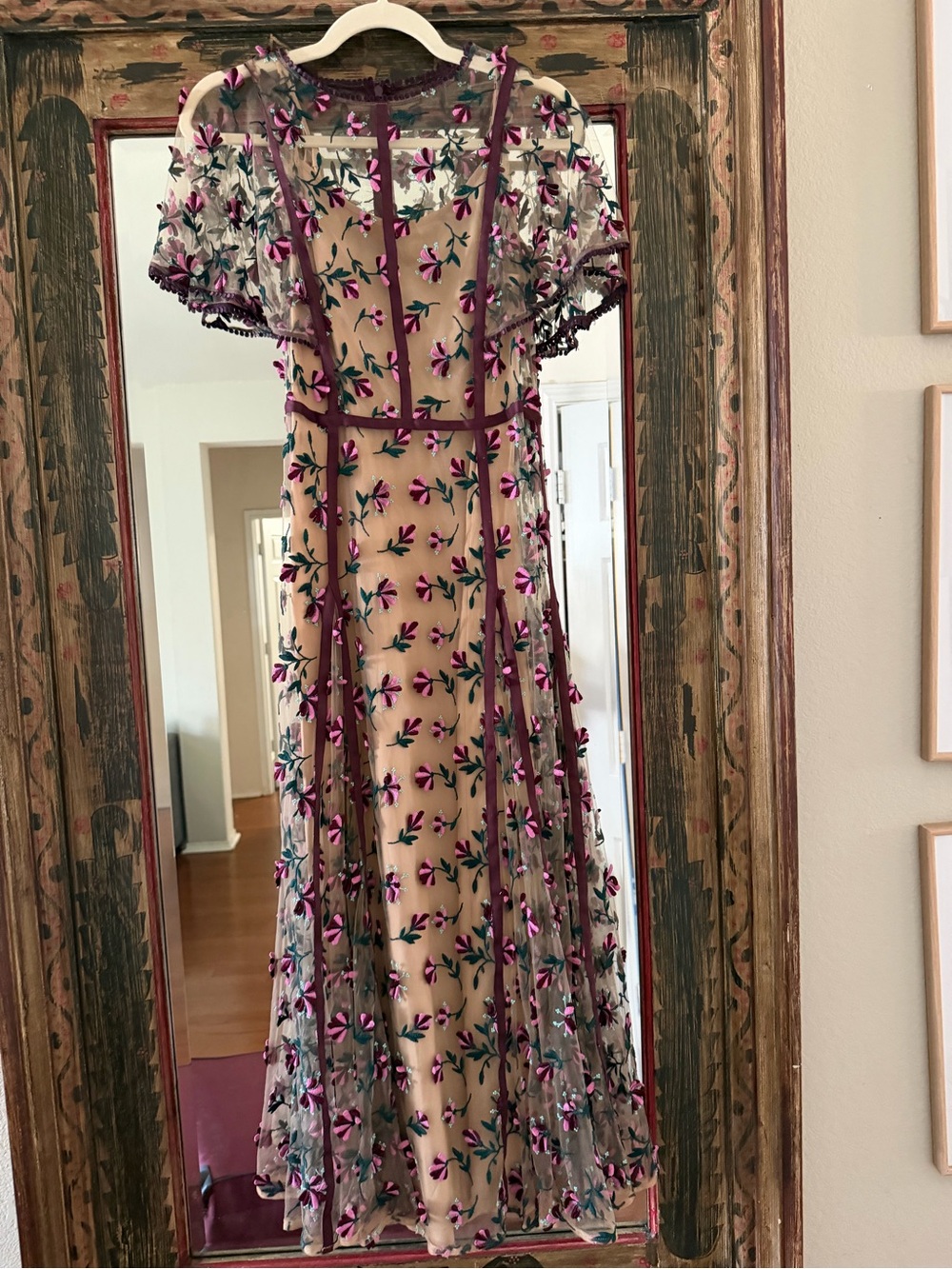 Lela Rose Nude Mesh Midi Dress with Purple Floral Embroidery - Picture 4 of 6